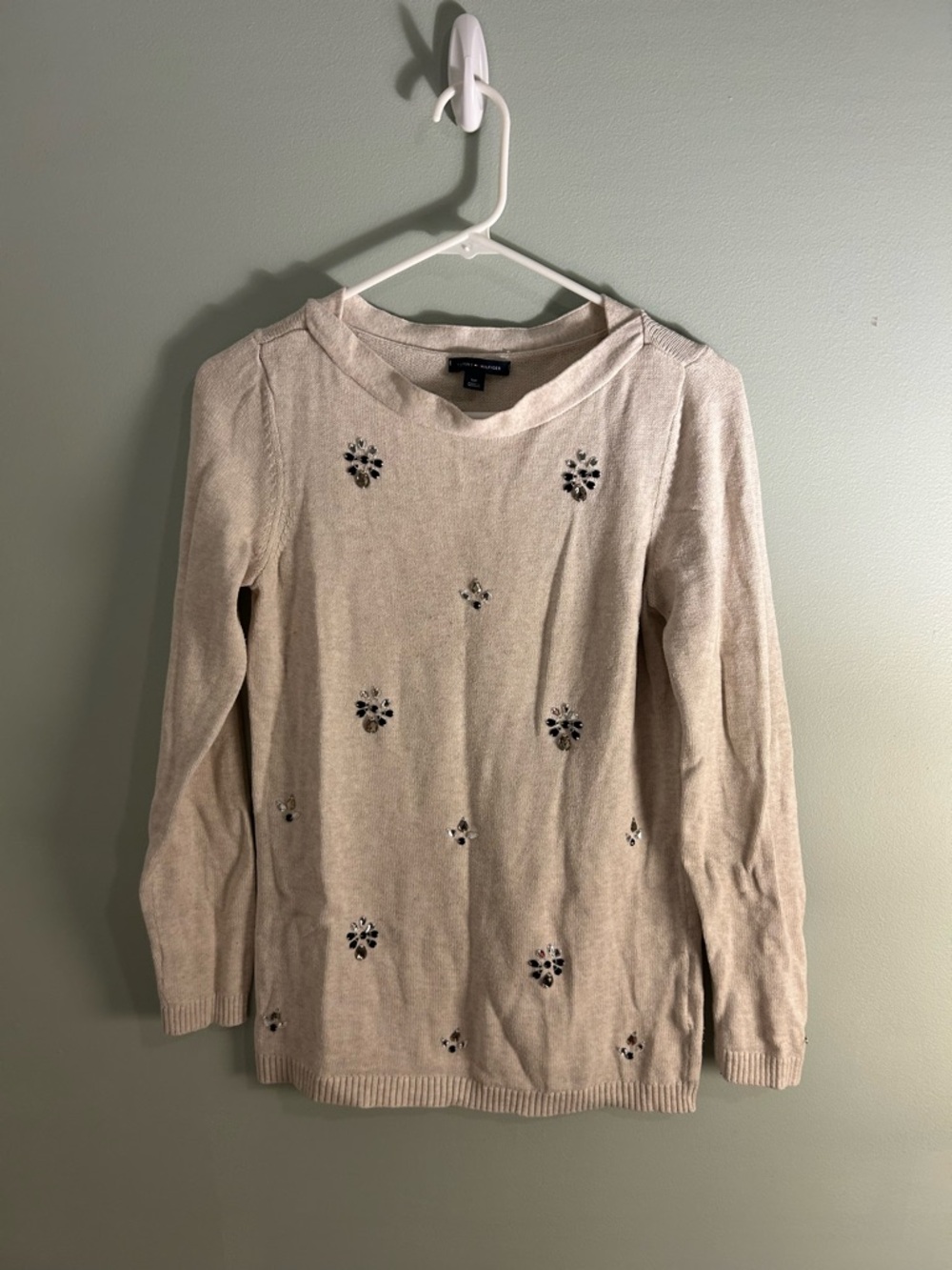Tommy Hilfiger Neutral Beige Crewneck Sweater with Logo Tag